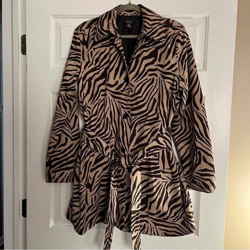 Vintage Chaps Black Tan Animal Zebra Print Trench Coat - Picture 10 of 14